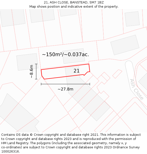 21, ASH CLOSE, BANSTEAD, SM7 1BZ: Plot and title map