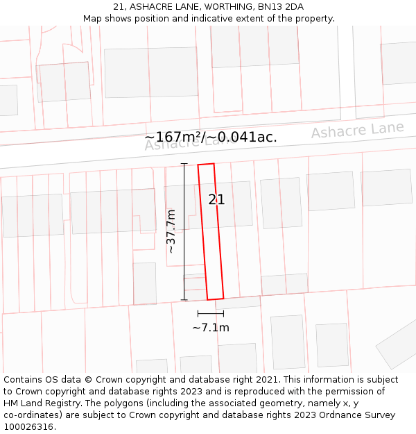 21, ASHACRE LANE, WORTHING, BN13 2DA: Plot and title map