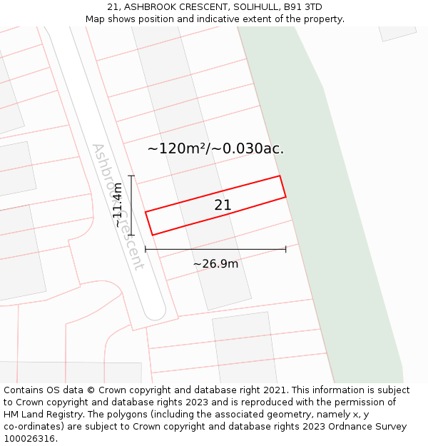 21, ASHBROOK CRESCENT, SOLIHULL, B91 3TD: Plot and title map