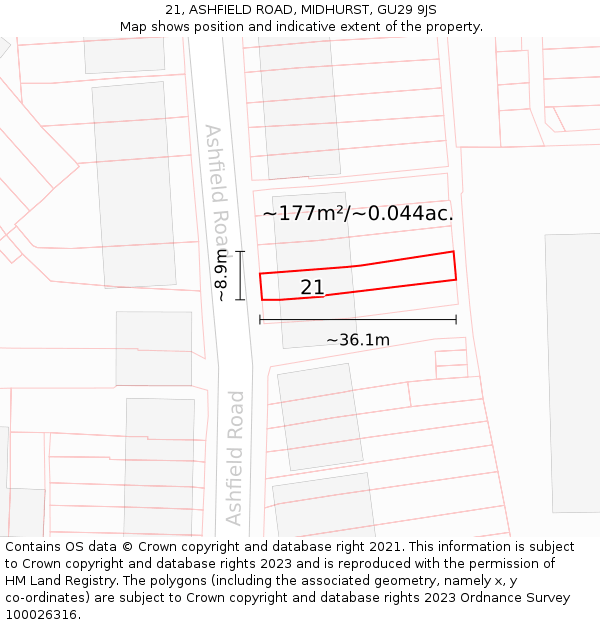 21, ASHFIELD ROAD, MIDHURST, GU29 9JS: Plot and title map