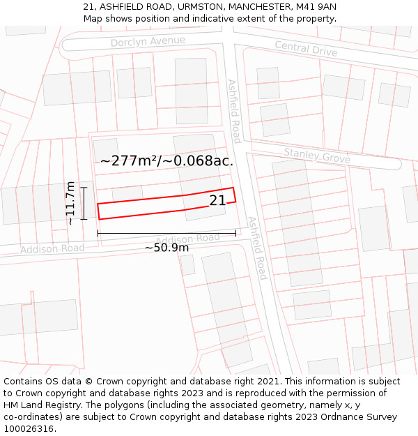 21, ASHFIELD ROAD, URMSTON, MANCHESTER, M41 9AN: Plot and title map