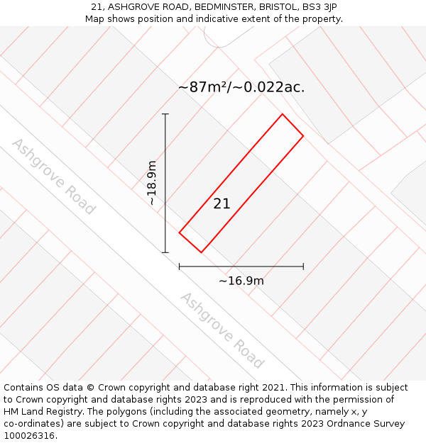 21, ASHGROVE ROAD, BEDMINSTER, BRISTOL, BS3 3JP: Plot and title map