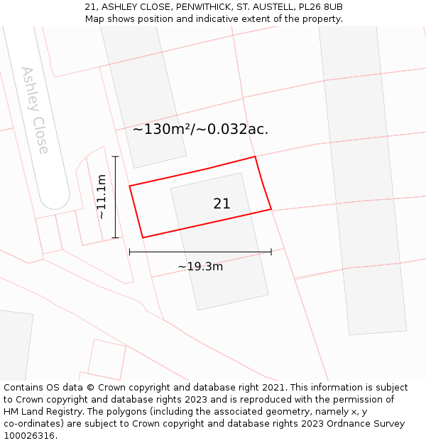 21, ASHLEY CLOSE, PENWITHICK, ST. AUSTELL, PL26 8UB: Plot and title map