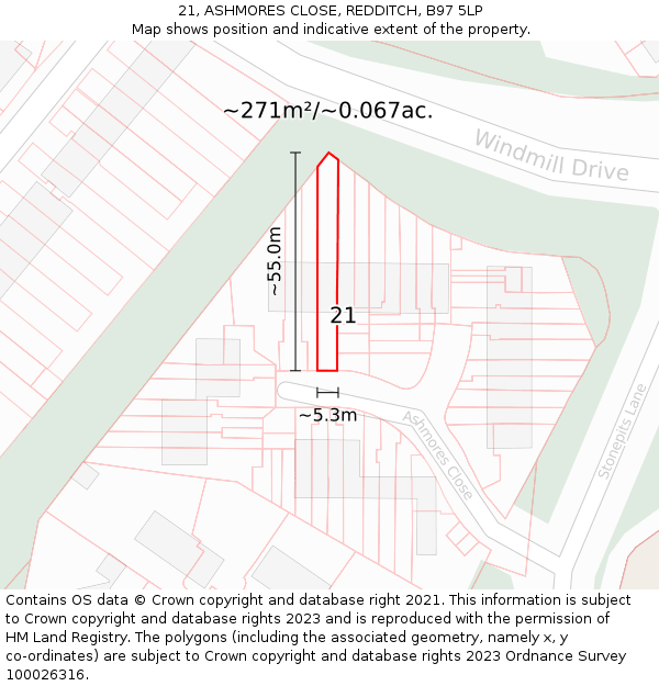 21, ASHMORES CLOSE, REDDITCH, B97 5LP: Plot and title map