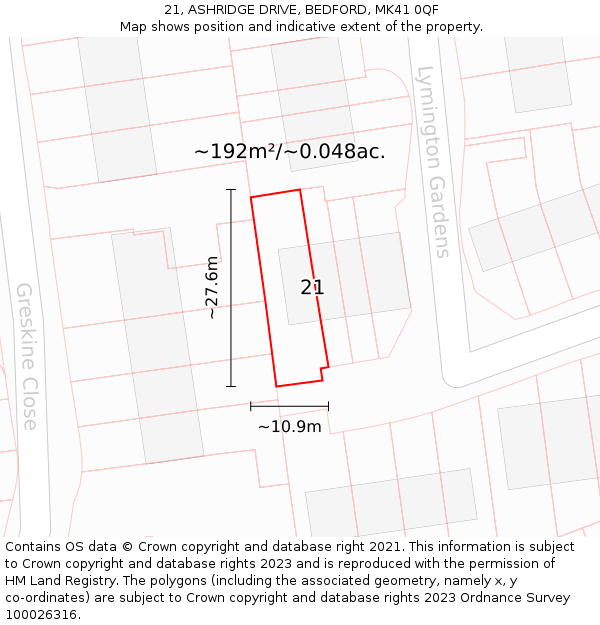 21, ASHRIDGE DRIVE, BEDFORD, MK41 0QF: Plot and title map