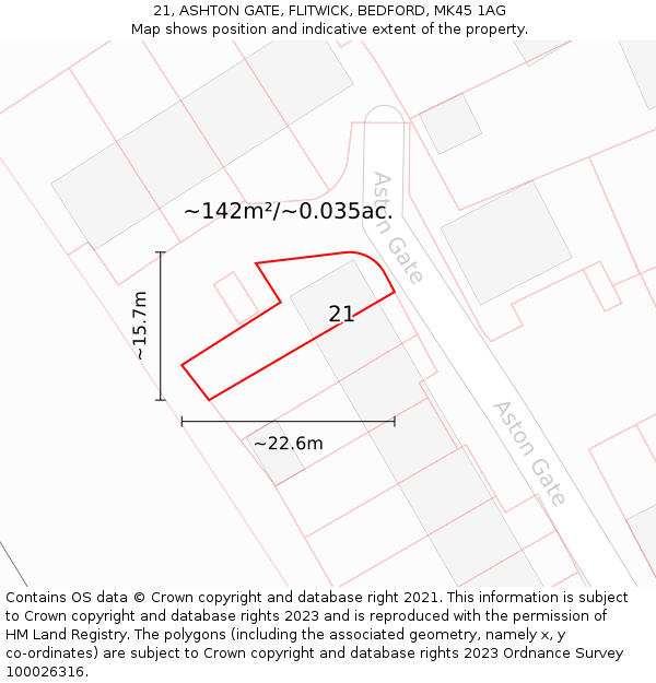 21, ASHTON GATE, FLITWICK, BEDFORD, MK45 1AG: Plot and title map
