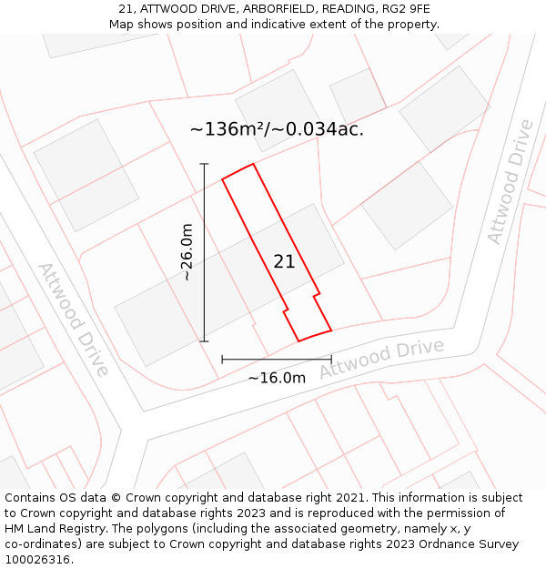 21, ATTWOOD DRIVE, ARBORFIELD, READING, RG2 9FE: Plot and title map