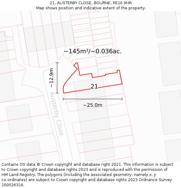 21, AUSTERBY CLOSE, BOURNE, PE10 9HR: Plot and title map
