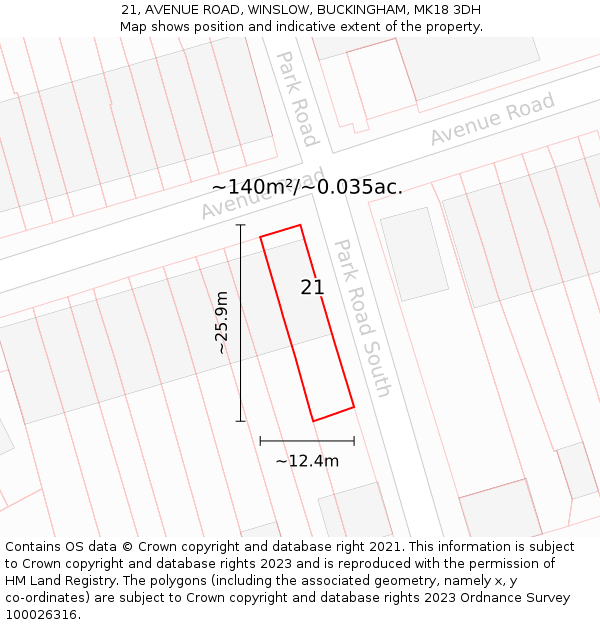 21, AVENUE ROAD, WINSLOW, BUCKINGHAM, MK18 3DH: Plot and title map