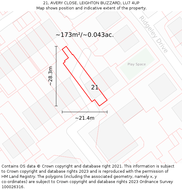21, AVERY CLOSE, LEIGHTON BUZZARD, LU7 4UP: Plot and title map