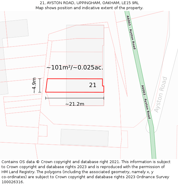 21, AYSTON ROAD, UPPINGHAM, OAKHAM, LE15 9RL: Plot and title map