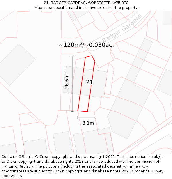 21, BADGER GARDENS, WORCESTER, WR5 3TG: Plot and title map