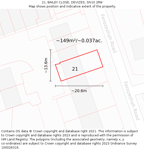 21, BAILEY CLOSE, DEVIZES, SN10 2RW: Plot and title map
