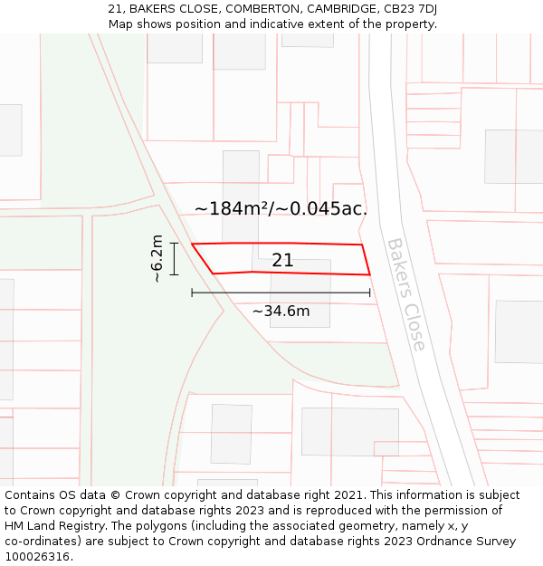 21, BAKERS CLOSE, COMBERTON, CAMBRIDGE, CB23 7DJ: Plot and title map