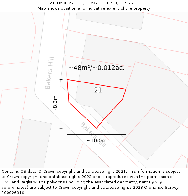 21, BAKERS HILL, HEAGE, BELPER, DE56 2BL: Plot and title map