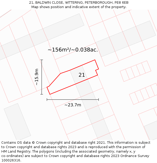 21, BALDWIN CLOSE, WITTERING, PETERBOROUGH, PE8 6EB: Plot and title map