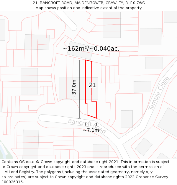 21, BANCROFT ROAD, MAIDENBOWER, CRAWLEY, RH10 7WS: Plot and title map