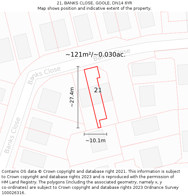 21, BANKS CLOSE, GOOLE, DN14 6YR: Plot and title map