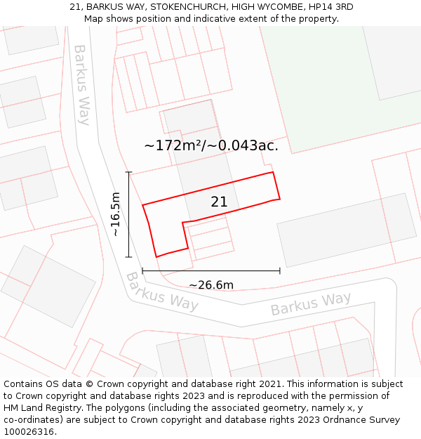 21, BARKUS WAY, STOKENCHURCH, HIGH WYCOMBE, HP14 3RD: Plot and title map