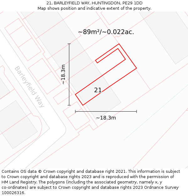 21, BARLEYFIELD WAY, HUNTINGDON, PE29 1DD: Plot and title map