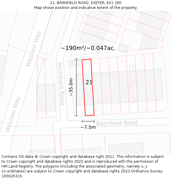 21, BARNFIELD ROAD, EXETER, EX1 1RX: Plot and title map