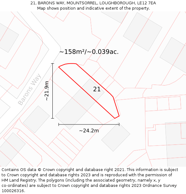 21, BARONS WAY, MOUNTSORREL, LOUGHBOROUGH, LE12 7EA: Plot and title map