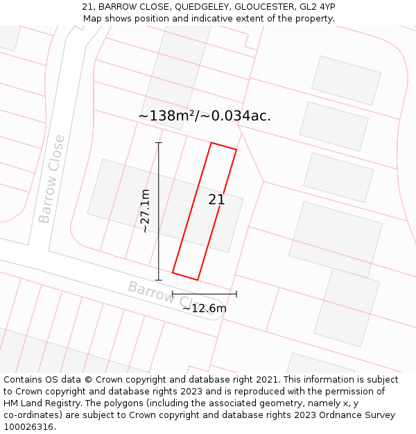 21, BARROW CLOSE, QUEDGELEY, GLOUCESTER, GL2 4YP: Plot and title map
