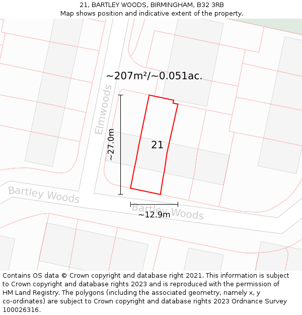 21, BARTLEY WOODS, BIRMINGHAM, B32 3RB: Plot and title map