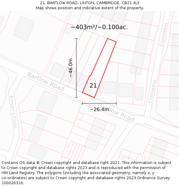 21, BARTLOW ROAD, LINTON, CAMBRIDGE, CB21 4LY: Plot and title map