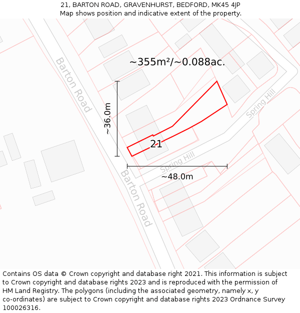 21, BARTON ROAD, GRAVENHURST, BEDFORD, MK45 4JP: Plot and title map