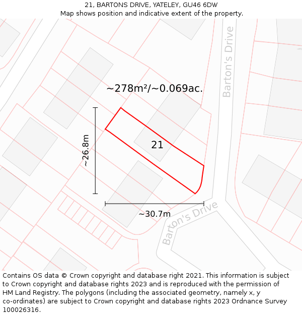 21, BARTONS DRIVE, YATELEY, GU46 6DW: Plot and title map
