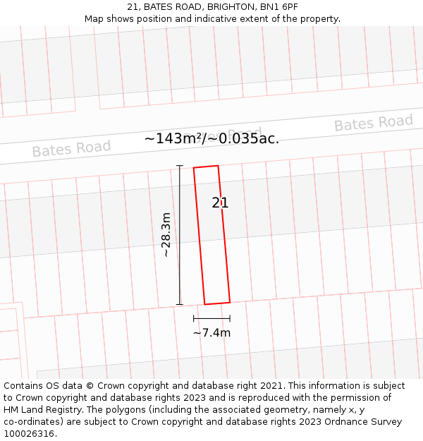 21, BATES ROAD, BRIGHTON, BN1 6PF: Plot and title map