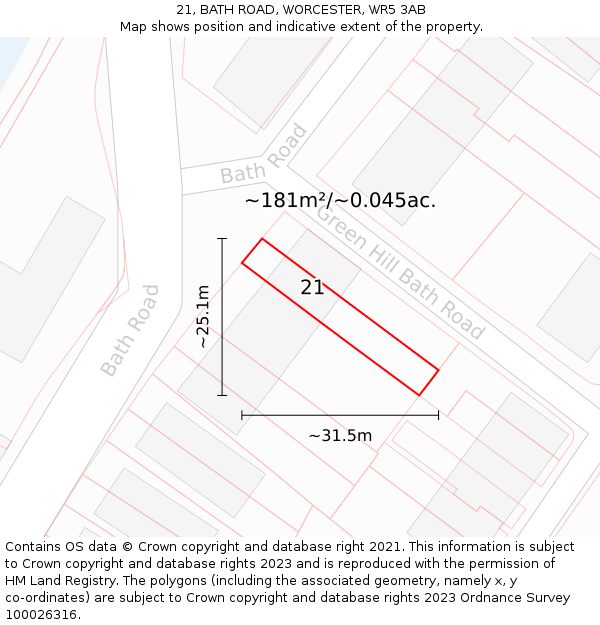 21, BATH ROAD, WORCESTER, WR5 3AB: Plot and title map