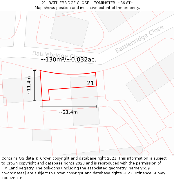 21, BATTLEBRIDGE CLOSE, LEOMINSTER, HR6 8TH: Plot and title map