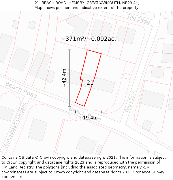 21, BEACH ROAD, HEMSBY, GREAT YARMOUTH, NR29 4HJ: Plot and title map