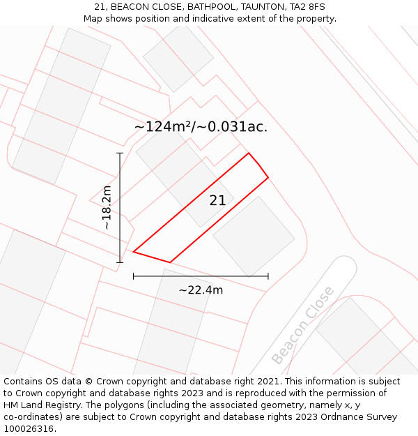 21, BEACON CLOSE, BATHPOOL, TAUNTON, TA2 8FS: Plot and title map