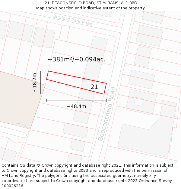 21, BEACONSFIELD ROAD, ST ALBANS, AL1 3RD: Plot and title map
