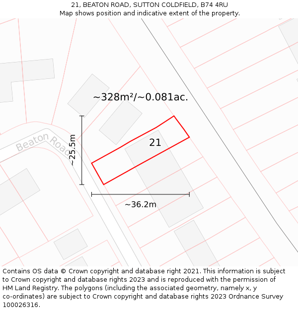 21, BEATON ROAD, SUTTON COLDFIELD, B74 4RU: Plot and title map