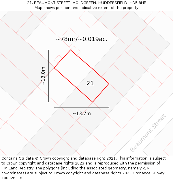 21, BEAUMONT STREET, MOLDGREEN, HUDDERSFIELD, HD5 8HB: Plot and title map
