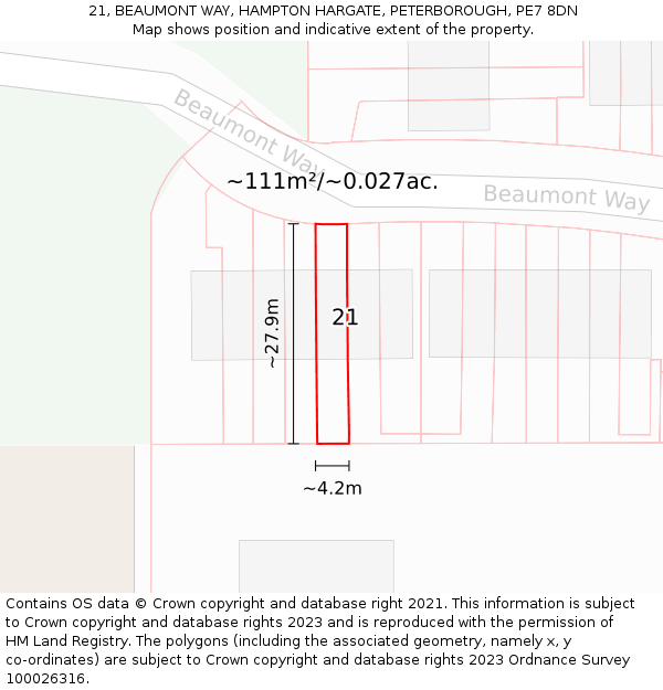21, BEAUMONT WAY, HAMPTON HARGATE, PETERBOROUGH, PE7 8DN: Plot and title map