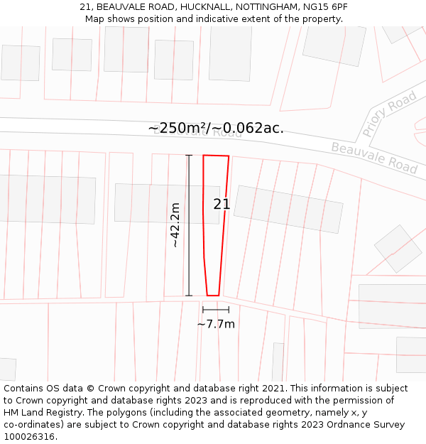 21, BEAUVALE ROAD, HUCKNALL, NOTTINGHAM, NG15 6PF: Plot and title map