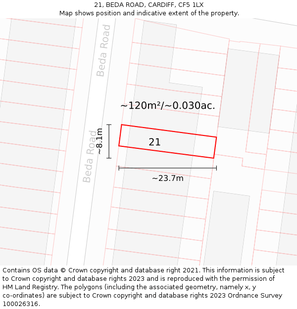 21, BEDA ROAD, CARDIFF, CF5 1LX: Plot and title map