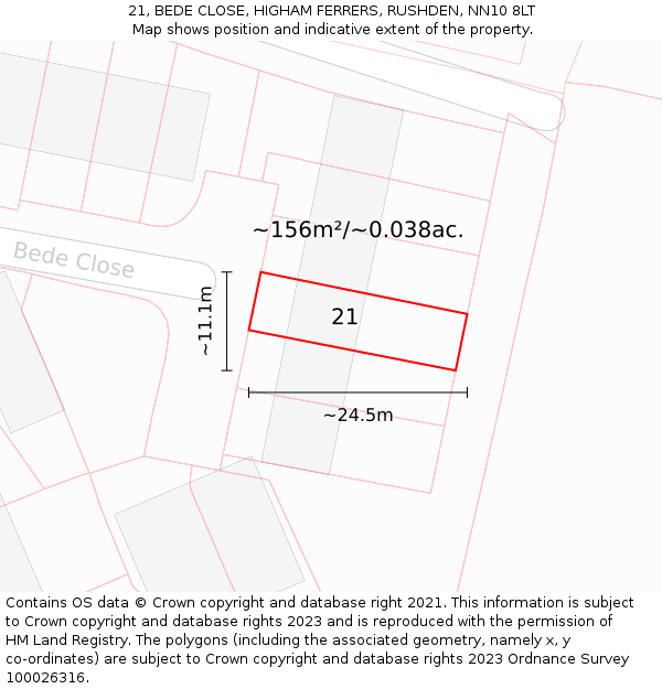21, BEDE CLOSE, HIGHAM FERRERS, RUSHDEN, NN10 8LT: Plot and title map