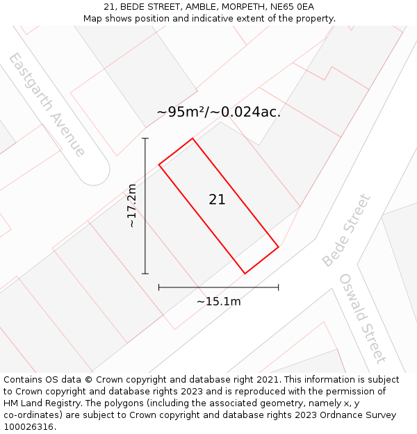 21, BEDE STREET, AMBLE, MORPETH, NE65 0EA: Plot and title map