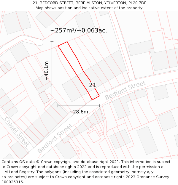21, BEDFORD STREET, BERE ALSTON, YELVERTON, PL20 7DF: Plot and title map