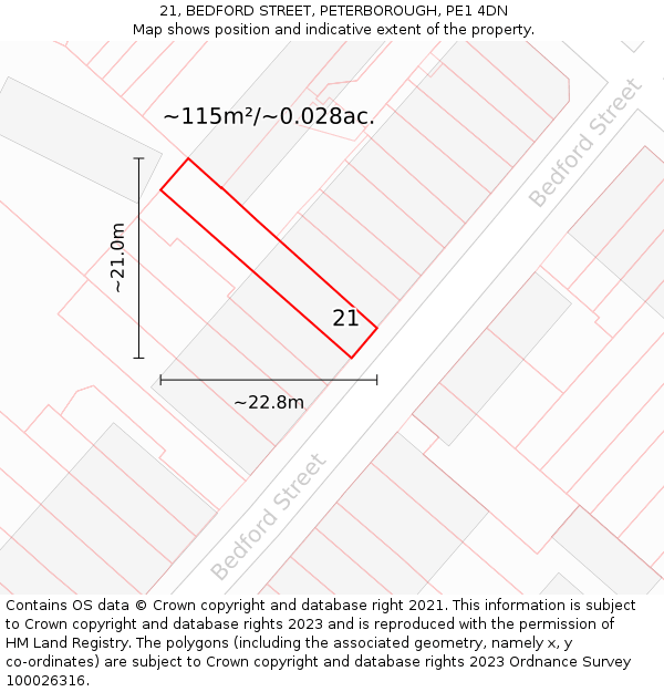 21, BEDFORD STREET, PETERBOROUGH, PE1 4DN: Plot and title map