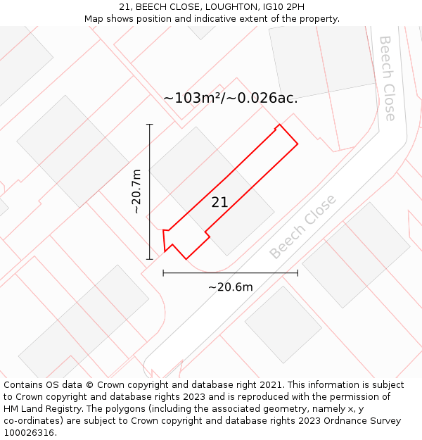21, BEECH CLOSE, LOUGHTON, IG10 2PH: Plot and title map
