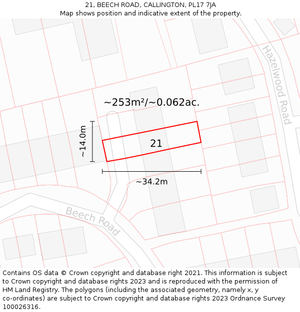 21, BEECH ROAD, CALLINGTON, PL17 7JA: Plot and title map