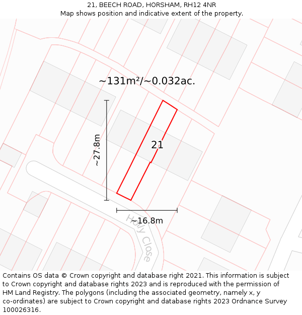 21, BEECH ROAD, HORSHAM, RH12 4NR: Plot and title map