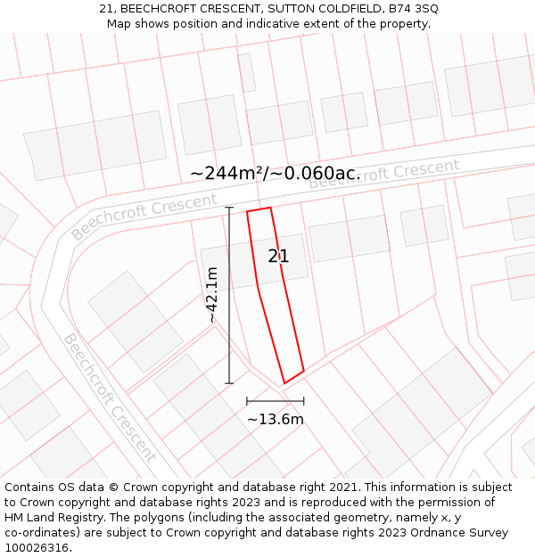 21, BEECHCROFT CRESCENT, SUTTON COLDFIELD, B74 3SQ: Plot and title map